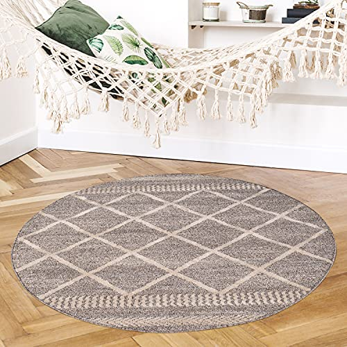 payé Teppich Rund - Wohnzimmer Kurzflor - Braun Creme- 160x160cm - Modern Rautenmuster Deko Boho Stil Schlafzimmer Flur Dekoration - Skandinavische Teppiche