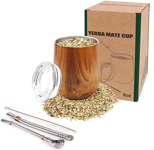 8Oz Stainless Steel Yerba Mate Gourd Set - Double-Walled Mate Cup with 2 Bombilla Straws, Cleaning Brush, BPA-Free Lid, Perfect for Hot & Cold Drinks