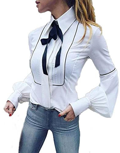 Damen Hemdbluse mit Krawatte Bluse in der Taille und Laternenärmeln Fliege Langärmlig Oberteils Hemd