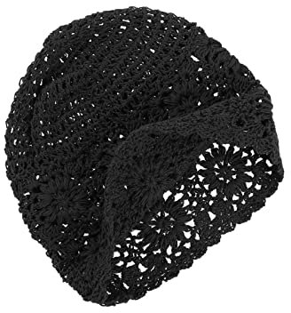 VGOL Beanie Mütze Handgemachte Frauen Baumwolle Knit Cutout Vintage Floral Crochet Slouchy Skull Cap für 52-58cm Kopfumfang Frühling Sommer Herbst, Schwarz