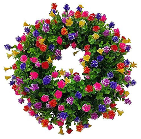 Bauernhaus Bunte Häuschen Kranz,Türkranz Kranz Deko für Frühling Sommer Ganzjährig,dauerhafte und stabile künstliche Blumen Türkranz,Kunstpflanze Girlande,Kranz Willkommenszeichen (50cm, Mehrfarbig)