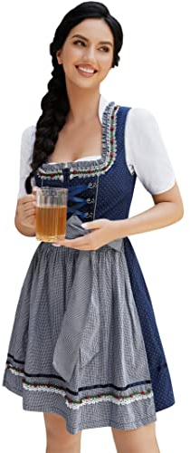 Clearlove Dirndl Damen midi 3tlg.Trachtenkleid für Oktoberfest,Karneval,DREI Teilig: Kleid, Bluse, Schürze(Verpackung MEHRWEG),Blau-Weiß Punkte,38