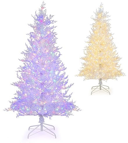 COSTWAY 6 FT Artificial Pre-lit Christmas Tree, Flocked Xmas Tree with 383 PE Branch Tips, 300 LED Lights, Auto Timer, 11 Dynamic Modes and 2 Lighting Colors, Hinged Decoration Tree