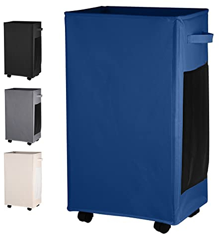 IHOMAGIC Thin Laundry Baskets with Wheels, Minimalist Foldable Laundry Hamper With Two Side Mesh Bags, 84L Large Corner Storage Bins With Handles For Storing Clothes, Toys in Bedroom (Navy Blue)
