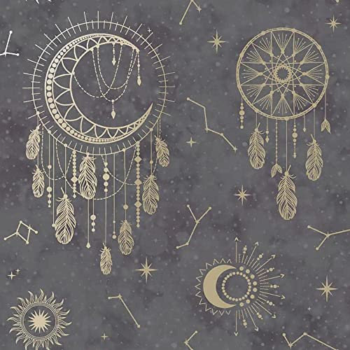 Dreamcatcher Black Gold Wallpaper - Metallic Stars Constellation Space Feathers Kids Bedroom Nursery Modern (13330)