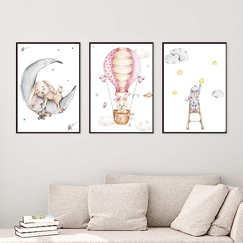 WANDKIND Kinderzimmer Poster Set Premium P708 / Hase kuschelig Babyzimmer Wandbild Wandbilder (A2-42,0 x 59,4, Ohne/Without)