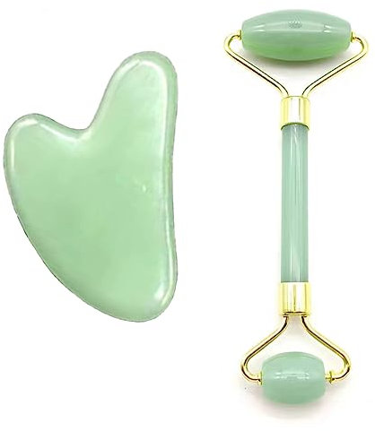 Jade Roller & Gua Sha Set，Gesichtsmassagegerät，Augen, Hals zur Hautpflege, Schönheit und Entspannung der Körpermuskulatur mit intelligenter.（grün）