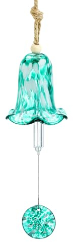 Kunstglas Windspiel mit geblasener Glocke, 66 cm handgefertigtes Glas Windspiel für draußen, Gedenk Windspiel mit Glasschläger für Terrasse, Garten, Außenbereich (Aquablau)