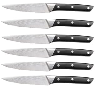 Björn, Lot de 6 Couteaux de Table Erling en Acier Inoxydable Finition Satinée effet Damas, Couteaux à Steak, Inox Mat et Noir Mat - Compatible Lave-vaisselle
