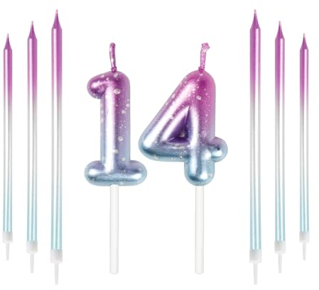 Mciskin 14th Birthday Number Kerzen Dekorationen Bunte 14 Kerze mit Rosa Lila Lange Kerzen Kuchen Kerzen Kuchen Topper Dekorationen für Jungen Mädchen Männer Frauen Geburtstagsfeier Hochzeit Jubiläum