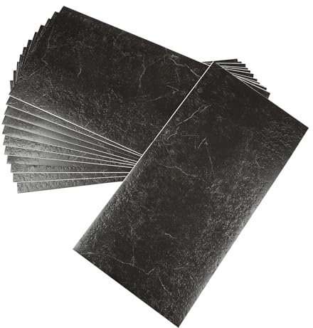 SABUIDDS 12 Fliesen PVC Bodenbelag Selbstklebende Bodenfliesen aus Stein Maserung Vinylboden Betoneffekt 60 cm x 30 cm x 1,3mm für Wohnzimmer, Küche, Balkon, Eingangstür, Abstellraum, Schwarz