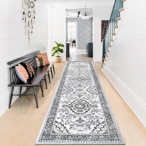 Enyhom Teppich Läufer für Küche, 60 x 240 cm Hochwertig rutschfest Läufer Flur Traditioneller Langer Läufer Teppich Waschbar Retro Weich Schlafzimmer Läufer für Wohnzimmer Büro Korridor, Grau