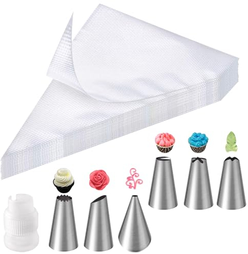 Soodyoow 100 Pcs Poches à Douilles, Comprenant 6 Douilles en Inox,1 Adaptateur, Poches à Pâtisserie Jetables, Poche a Douille Patisserie pour Deco Gateau, Cupcake, Pâtisserie
