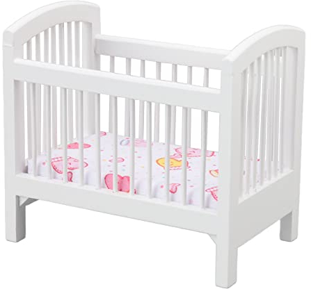 RiToEasysports Puppenbett aus Holz, Puppenhaus, Babypuppenbett, Babybett, Niedlich, Glänzend, Lebendig, Puppenhaus, Miniatur-Schlafzimmer, Kinderbett für 1:12 Puppenhaus, Weiß