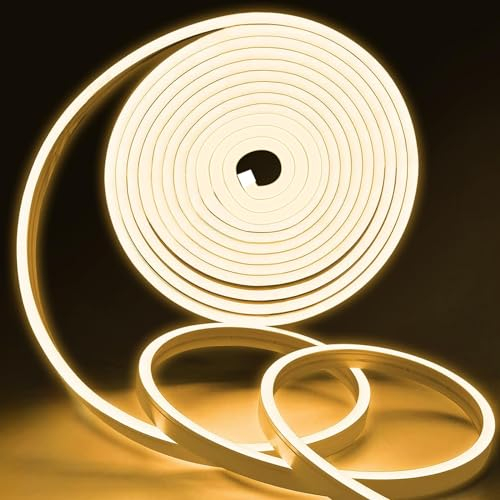 MMEEVT LED Strip Warmweiss - 12V 5M Neon Led Strip,IP65 Wasserdicht 3000K Neon LED Streifen, DIY Flexibel Ledband für Innen Aussenbereich Heim Küche Deko(kein Netzadapter)