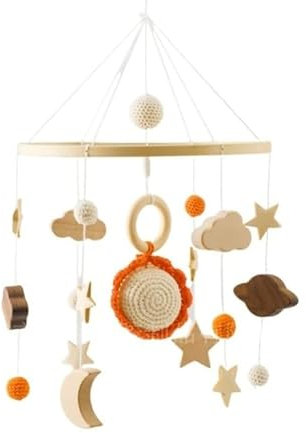 Collazoey Mobile babybett,Mit gehäkelten Sonne,Monden Sternenund Wolken hängenden Dekorationen,Holz Mobile Baby Windspiel,Geschenk für Baby Mädchen oder Jungen (D)