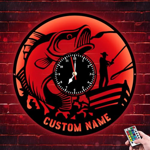 LED-Wanduhr, personalisierbar, mit individuellem Namen, beleuchtet, LED-Metall-Wanduhr, leise, nicht tickende Uhr für Vater, Angler, Angelbegeisterte, Geschenke, Männerhöhle, Bauernhaus-Dekor (Stil 4)