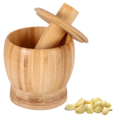 ONEVER Ensemble Mortier et Pilon en Bambou avec Couvercle et Base Antidérapante, Moulin à Epices, Broyeur à Pilules pour Broyeur à Pilules, Moulin à Epices, Bol à Herbes-Bambou