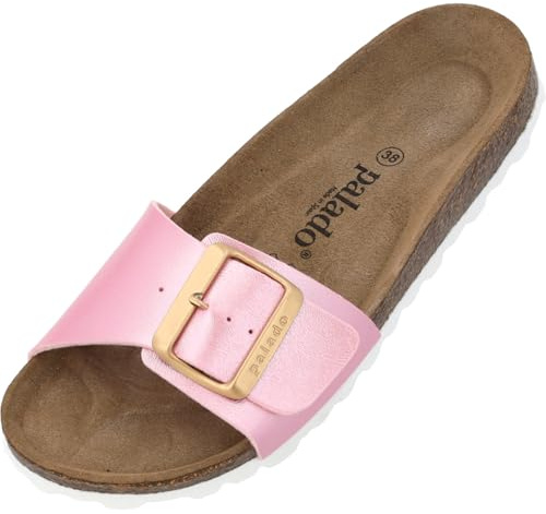 Palado Pantoletten Damen Malta EGS Metallic - bequeme Sandalen Made in Spain - Hausschuhe mit dämpfendem Kork-Fußbett - modische Sommerschuhe Rosa UK8 - EU41