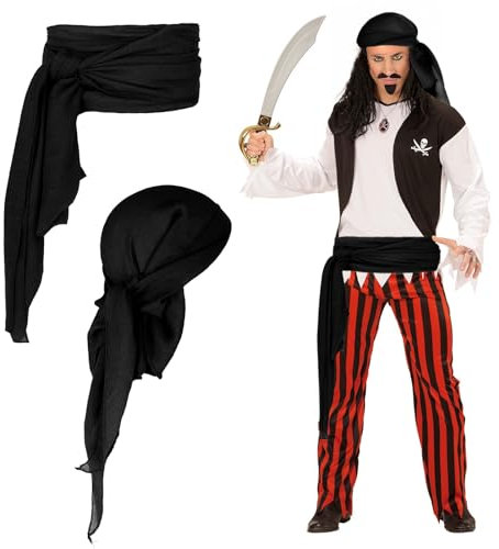 Molain 2-teiliges Zubehör für Halloween-Piratenkostüme, Piraten-Kopftuch, Hut, Hüftgürtel, Cosplay-Piraten-Stirnband, Renaissance, Wikinger-Bandana für Frauen und Männer (Schwarz)