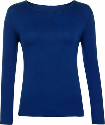 FASHION MY LOVE Women Ladies Long Sleeve Round Neck Plain Top Stretchy Casual Summer T-Shirts Basic Slim fit Tee Tops UK Plus Size 8-26 Royal Blue