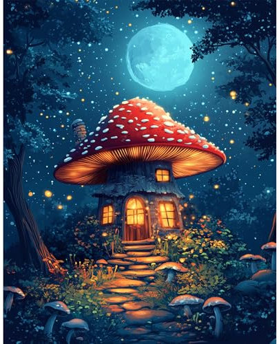 DAERLE Peinture par numéros pour adultes Champignon magique, Peinture à l'huile à la main débutants Maison forestière, Peinture par Numéros pour la Décoration de la Maison 30x40cm, Sans Cadre