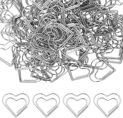 Dimeho Büroklammern Herz Gold 100 Stück Süße Büroklammern in Liebesform Büroklammern Groß Gold Papierklammern Büroklammern Dokumentensortierung, Hochzeitsdekoration, Organizer für Frauen (Silber)
