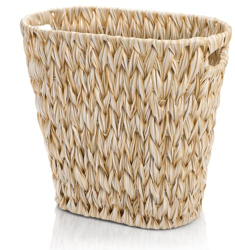 Pumtus Wicker Waste Bin, Plastic Woven Trash Basket with Built-in Handles, Bathroom Garbage Storage Can, Boho Rubbish Container for Bedroom, Bathroom, Office, Kitchen, Laundry, Utility Room