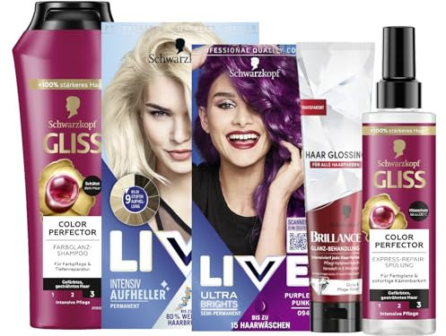 Schwarzkopf LIVE Ultra Brights PROFI-SET mit Haartönung 094 Purple Punk & Aufheller Max Blonde 00B & GLISS Shampoo & Express-Repair-Spülung Colour Perfector & BRILLANCE Haar Glanz Glossing Neutral