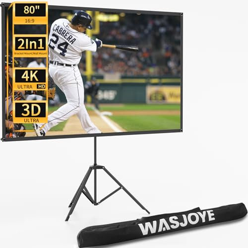 WASJOYE Écran de Projection avec Trépied, Extérieurs 80 inch Écran de Projection Portable, 16:9 4K Toil Gris de Projection, léger, Facile à Installer, pour Le Cinéma à Domicile, Les Films