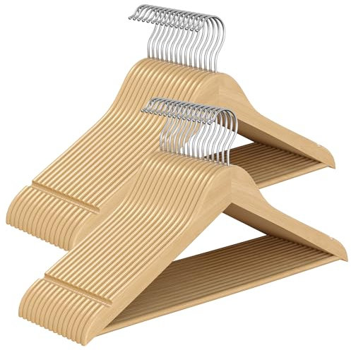 SONGMICS Percha de Madera, Juego de 30, Delgada, Muescas en Hombros, Percha para Pantalones, Gancho Giratorio 360°, Madera de Abedul, para Tirantes y Chaquetas, Beige Natural CRW030K01