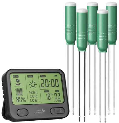 Royal Gardineer Messgerät: 4in1-Funk-Boden-Feuchtigkeitsmesser-Set mit 5 Sensoren, innen & außen (Feuchtigkeitsmesser Blumen, Feuchtigkeit Messer Temperatur, Bewässerung)