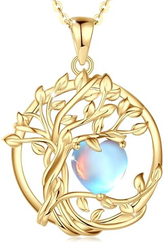 FANCIME Lebensbaum Mondstein Kette für Damen Gelbgold Vergoldet Baum des Lebens Mondstein Anhänger Halskette Schmuck Geschenke für Damen Frauen Mädchen, Kettenlänge: 40+5 cm