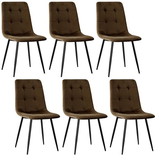 JIJIAN 6er Set Esszimmerstühle, Polsterstuhl Stühle mit Samtstoff und Schwarzen Metallbeinen, Küchenstühle mit 120 kg Tragkraft, Braun