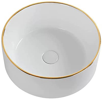 Elegante fregadero redondo de porcelana blanca sobre mostrador para baño de hotel, desagüe desplegable y decoración de borde dorado