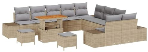 vidaXL Garten-Sofa-Set mit Kissen 13 pcs Beige Poly Rattan, Garten Lounge Set, modulare Rattan Möbel, verstellbare Füße, rechteckige Couch, robuste Sitzgelegenheit für Terrasse