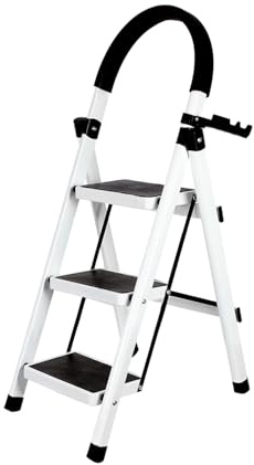 Scaletta pieghevole a 3 gradini con vassoio per attrezzi e mani correnti, per casa, cucina, guardaroba, armadietti, ufficio, scala a piedi pieghevole a 3 livelli, per interni esterni (bianco)