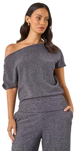 Roman Dusk Metallic Drape Side Top for Women UK - Ladies Autumn Everyday Winter Holiday Off The Shoulder Comfy Short Sleeve Soft Shirt Dinner Party Blouses - Navy - Size 12