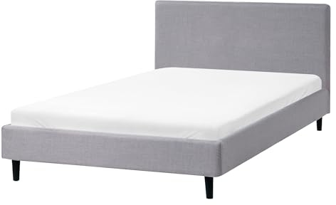 Beliani Modern Linen EU Small Double Bed Frame 4ft Slatted Base Panel Bed Wooden Legs Light Grey Fitou