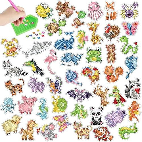 Diamond Painting Aufkleber, 47 Stück 5D DIY Diamant Aufkleber Kit, Kinder Tiere Diamant Malerei Aufkleber Diamant Kunsthandwerk Kit für Kinder 6 8 10 12 Weihnachten Kindertag Geschenke Geburtstagsgesc