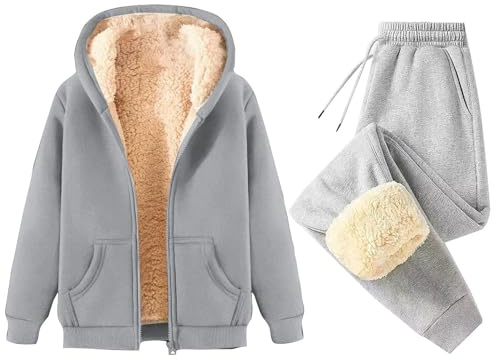 DUHGBNE Tute in Pile per Casa Donna 2 Pezzi Tuta Donna Invernale Felpata Felpa Donna Cotton Tinta Unita a Maniche Lunghe Corto Calda con Zip e Tasca Cappotti Larghi Pantaloni Pile