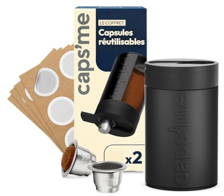 CAPS ME - Komplettset Nachfüllbare Kapseln für Nespresso Original (1 Shaker + 2 Wiederverwendbare Edelstahlkapseln + 48 Papierdeckel) (Kaffee-freies Set)