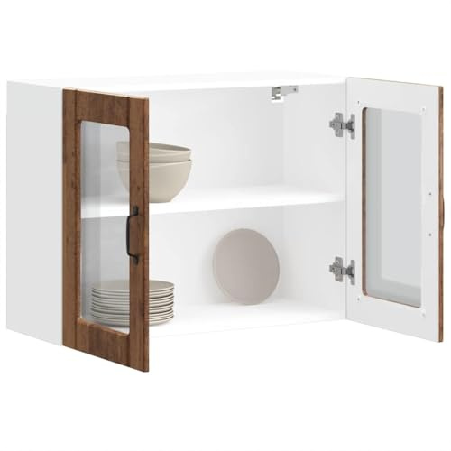 Zeehear Küchen-Hängeschrank mit Glastür, Altholz-Optik Holzwerkstoff, 80x31x60 cm, Wandmontage, viel Stauraum, für Schüsseln Teller Töpfe, Lucca Serie