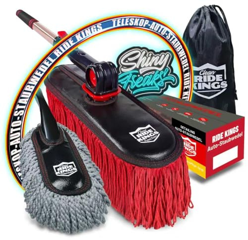 Clean RIDE KINGS Premium Products Auto Staubwedel Außen Kratzfest, Auto Bürste mit Teleskopstiel zur Staubentfernung, Reinigungspinsel für LKW, Wohnmobil und Motorrad, Großer Mopp-Kopf aus Baumwolle