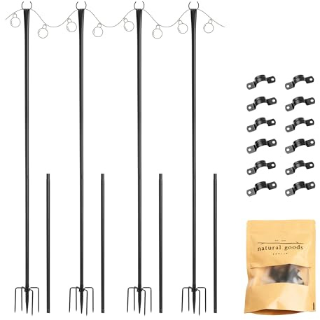 Natural Goods Berlin 4x Lichterkettenhalter - Lichterketten Halterung Outdoor - Lichtmast Schwarz Metall - Metallstange 3m - Stange Für Girlande Rostfrei - Halterung Lichterkette Befestigung Draußen