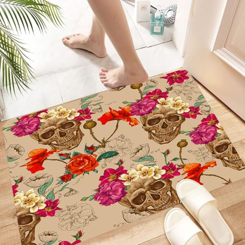 HYOSXW Badteppich,schöne Badematten zur Auswahl,Badvorleger sehr weich und rutschfest,waschbar und schnelltrocknend,Nahtloser Hintergrund mit Totenkopf und Blumen,40x60 cm