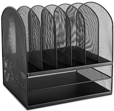 Safco Onyx Desk Organizer, 6 Vertical Compartments and 2 Trays, Office and Classroom Mailbox , Paper and Mail Sorter, Steel Mesh, Black
