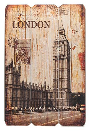 levandeo Holzbild Holzschild London BigBen England Schild 60x40cm - Wandbild Dekoschild Vintage Bild Holz Holzlatten Holztafel Wanddeko Wandobjekt Wandschild