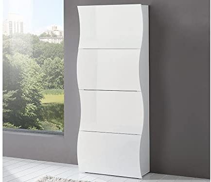 Scarpiera Slim Moderna Made in Italy - 24 Paia di Scarpe, Salvaspazio con Ante a Ribalta in Legno - Mobile da Ingresso modello Mare Bianca Lucida (4 Ante)