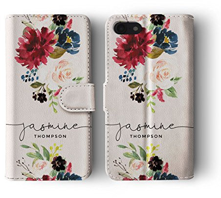 Tirita Personalised Wallet Phone Case for iPhone X & Xs With Card Holder – Leather Flip Case or Cover With Custom Name – Cute Personalised Gift for Women [08. White Floral English Roses]